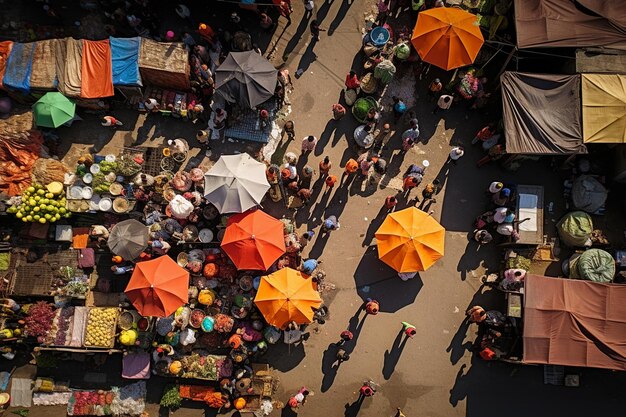 Widok z powietrza na ruchliwy i tętniący życiem rynek uliczny