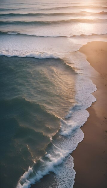 Widok z powietrza oceanicznych fal uderzających na plażę o zachodzie słońca