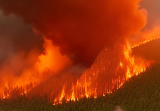 Widok z powietrza ogromnego pożaru lasu lub lasu z płonącymi drzewami i pomarańczowym dymem Generatywna sztuczna inteligencja