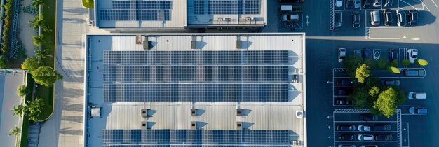 Widok z powietrza paneli słonecznych na dachu budynku przemysłowego