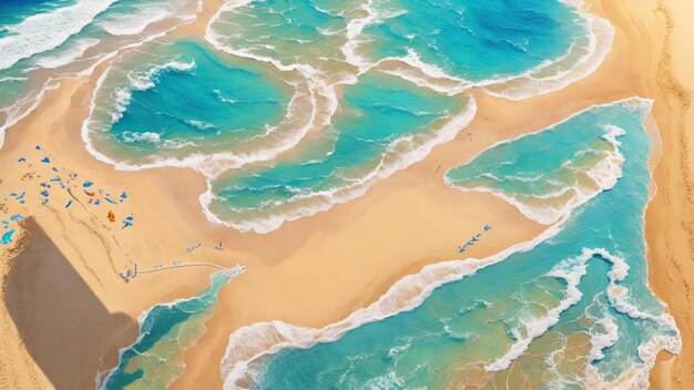 Widok z powietrza pięknej piaszczystej plaży z turkusowymi falami oceanu