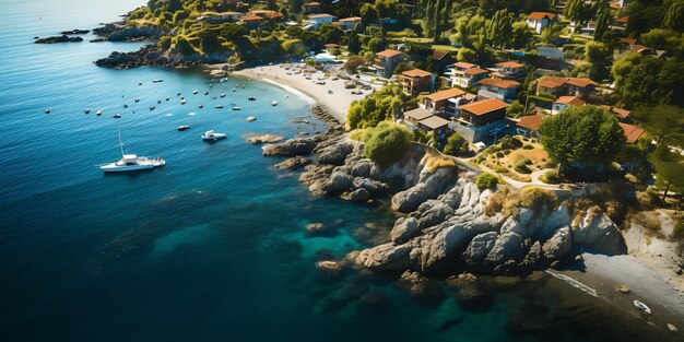 Widok z powietrza pięknej plaży z jachtami i łodziami w Grecji