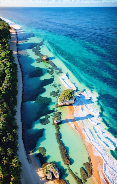 Widok z powietrza pięknej tropikalnej plaży z palmami kokosowymi, niebieską laguną i białym piaskiem