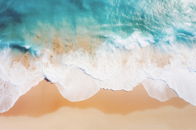 Widok z powietrza pięknych fal oceanu spotykających się z piaskiem na plaży