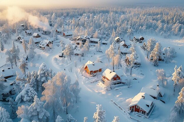 widok z powietrza pokrytej śniegiem wioski