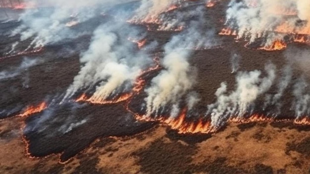 widok z powietrza pola trawiastego płonącego czerwonym ogniem w porze suchej