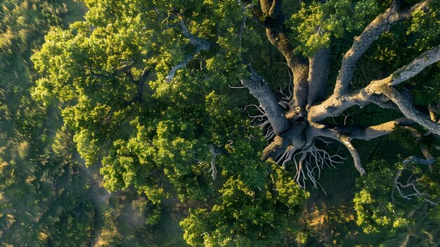 Widok z powietrza rozciągających się korzeni drzew łączących się z bujnym krajobrazem