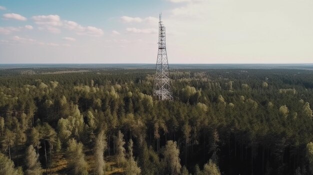 Zdjęcie widok z powietrza słupu elektrycznego w lesie