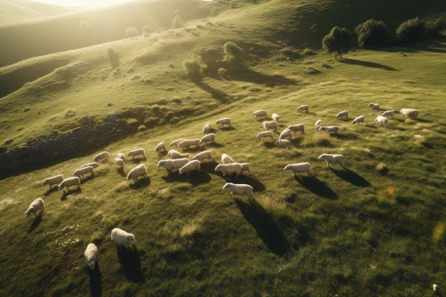 Widok z powietrza stada owiec paszących się na łące Krajobraz wiejski z zwierzętami hodowlanymi Generatywna sztuczna inteligencja