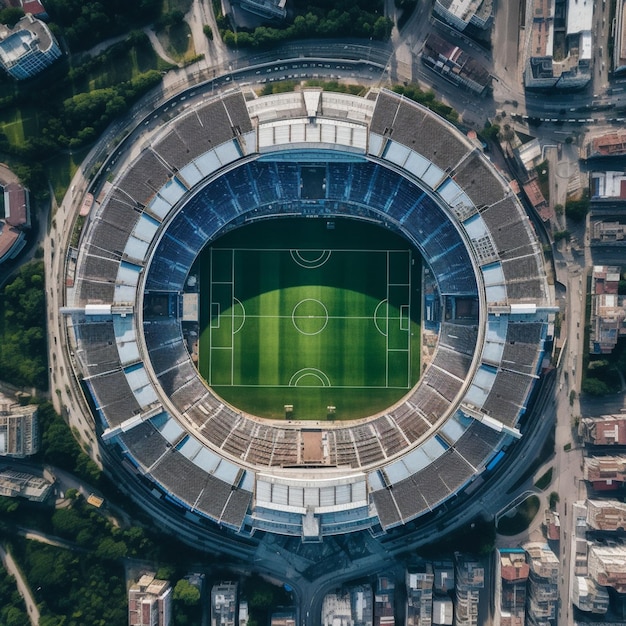 Widok z powietrza stadionu piłkarskiego z zielonym polem i wieloma budynkami generatywnymi ai