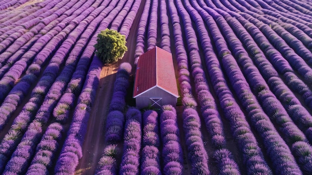 Widok z powietrza stodoły otoczonej rzędami kwitnących lawend, wypełniających powietrze zapachem