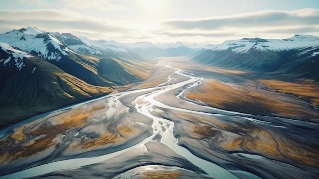Widok z powietrza systemu rzek lodowców w Islandii piękno