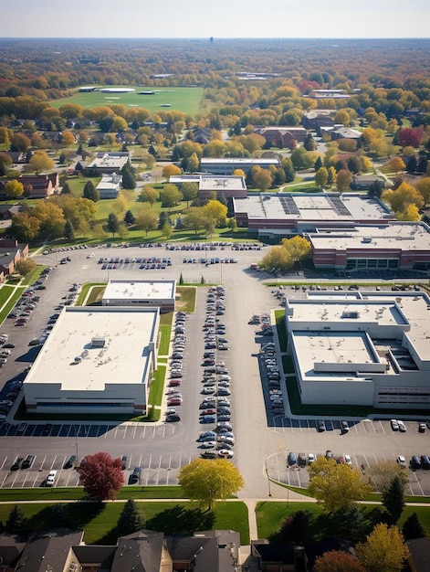 Widok z powietrza szkoły średniej z parkingem na przedmieściach w Northbrook