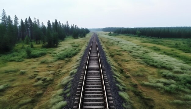 Widok z powietrza torów kolejowych przecinających rozległe otwarte pole