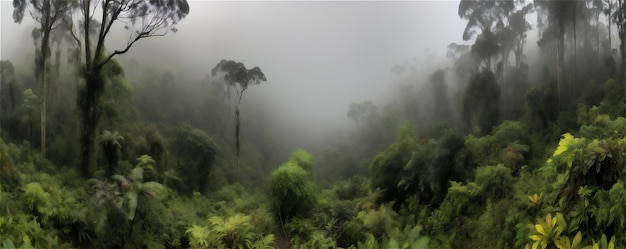 Widok z powietrza wierzchołków drzew lasów deszczowych z banerem mgły generowanym przez sztuczną inteligencję