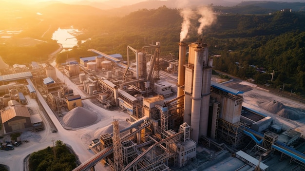 Widok z powietrza wieży fabryki cementu z wysoką konstrukcją betonowej w obszarze produkcji przemysłowej Koncepcja produkcji i globalnego przemysłu