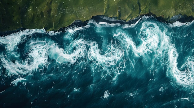 Widok z powietrza wodospadu oceanicznego z wodą płynącą do naturalnego krajobrazu