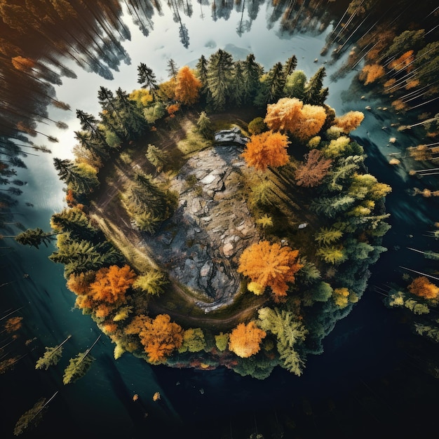 Widok z powietrza z drona mała planeta jesień las wysokie drzewa i jezioro lub rzeka