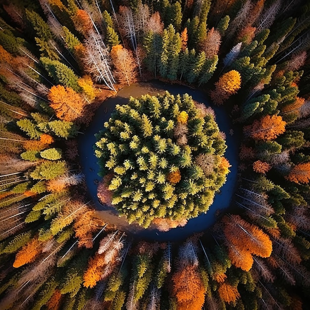 Widok z powietrza z drona mała planeta jesień las wysokie drzewa