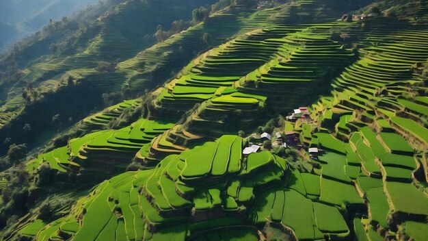 Widok z powietrza zielonego tarasu paddy w Katmandu w Nepalu