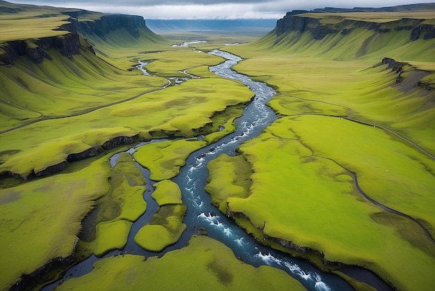 Widok z powietrza zielonej doliny z małą rzeką na wyspach Islandii