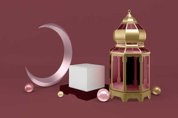 Widok z prawej strony pudełka i latarni z tłem o tematyce Ramadanu