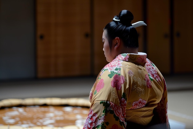 Zdjęcie widok z profilu kobiety sumo przygotowującej się do wejścia do ceremonialnego fartucha dohyo