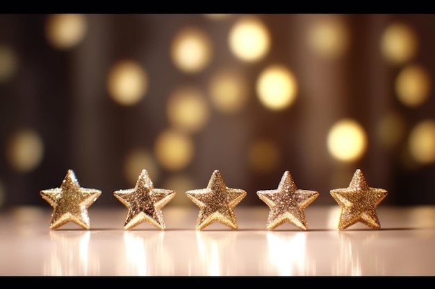 Widok z przodu 5 gwiazdek w kształcie linii na stole na białym tle na tle bokeh i złotym brokatem Najlepsza doskonała ocena usług biznesowych koncepcja doświadczenia klienta