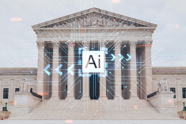 Widok z przodu budynku Sądu Najwyższego Stanów Zjednoczonych w ciągu dnia Waszyngton DC USA Oddział sądowy Koncepcja sztucznej inteligencji hologram AI machine learning Robotyka sieci neuronowych