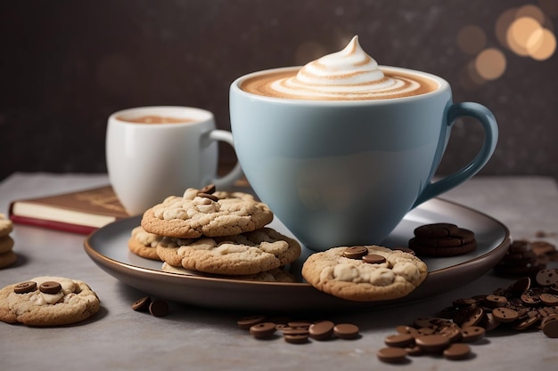 Widok z przodu filiżanka cappuccino z ciasteczkami i książką na stole