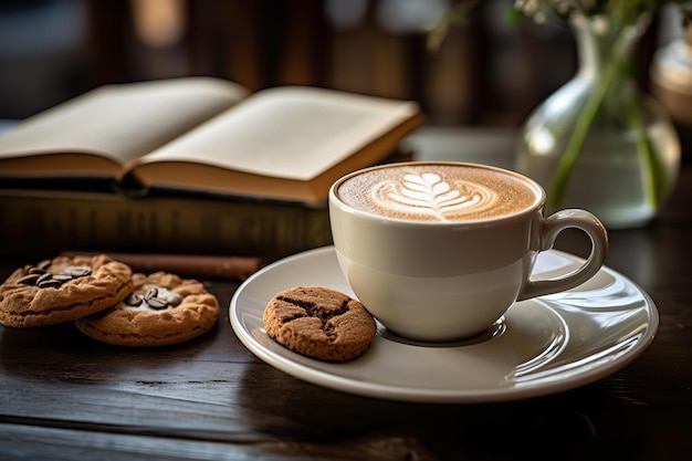 widok z przodu filiżanka cappuccino z ciasteczkami i książką