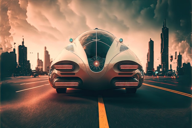 Widok z przodu futurystycznego samochodu poruszającego się po drodze w przyszłym mieście stworzonym za pomocą generatywnej ai