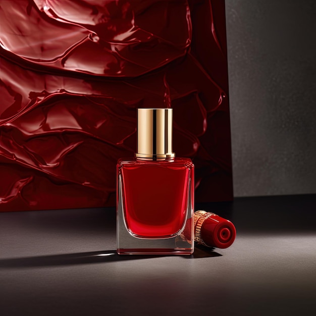 Widok z przodu makiety butelki z czerwonym lakierem do paznokci z abstrakcyjnym tłem i cieniami