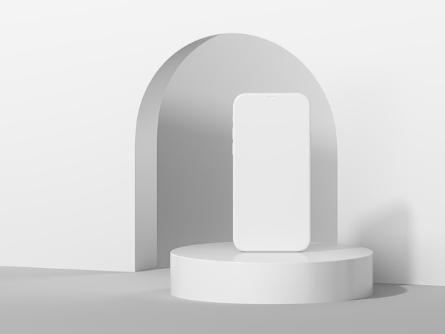 Widok z przodu makiety smartfona białej gliny na białym kształcie podium renderowania 3d Minimalna koncepcja