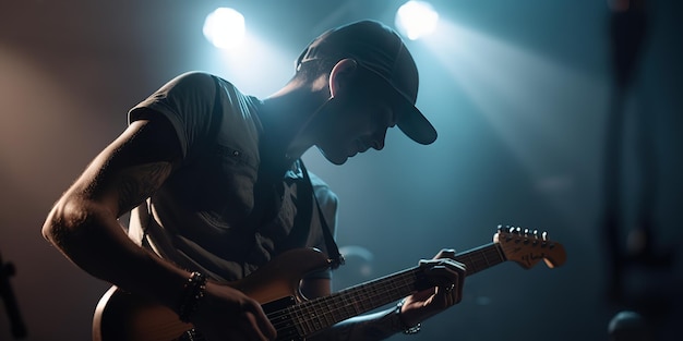 widok z przodu mężczyzny grającego na gitarze na scenie z kinowymi światłami na koncercie