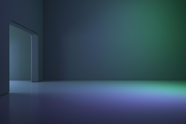 Widok z przodu na abstrakcyjną ciemnofioletową i zieloną pustą ścianę z miejscem na logo lub tekst w pustej hali z błyszczącą podłogą i rozjaśnionym łukiem wyjściowym makieta renderowania 3D
