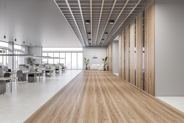 Widok z przodu na drewnianą i betonową powierzchnię podłogi w nowoczesnym biurze z otwartą przestrzenią z salonem sofa rzędy miejsc pracy z nowoczesnymi komputerami i drewnianymi zdobionymi ścianami Renderowanie 3D
