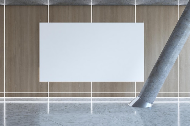 Widok z przodu na duży pusty biały baner z miejscem na logo lub tekst na lekkiej drewnianej ścianie w pustej nasłonecznionej sali centrum biznesowego z pochyloną kolumną i błyszczącą podłogą makieta renderowania 3D