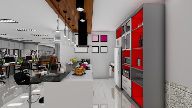 Widok z przodu na jasny wnętrze kuchni i baru 3d rendering