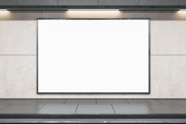 Widok z przodu na pusty biały baner z miejscem na logo lub tekst w pustym obszarze metra z szarą podłogą renderowania 3D makieta