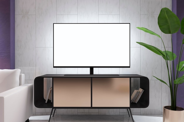 Widok z przodu na pusty biały ekran telewizora z miejscem na tekst lub logo na vintage stojaku między białym fotelem a kwiatem w stylowym salonie renderowania 3D makieta