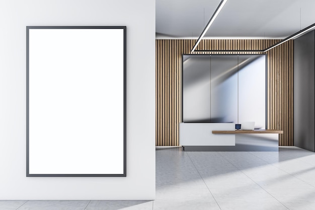 Widok z przodu na pusty biały plakat z miejscem na logo lub tekst na lekkiej ścianie w nasłonecznionym przestronnym biurze na tle recepcji w nowoczesnym stylu eko Rendering 3D makieta