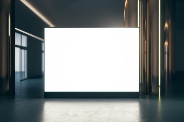 Widok z przodu na pusty biały podświetlany duży ekran z miejscem na logo lub tekst między złotymi filarami na ciemnym tle pustego pokoju makieta renderowania 3D