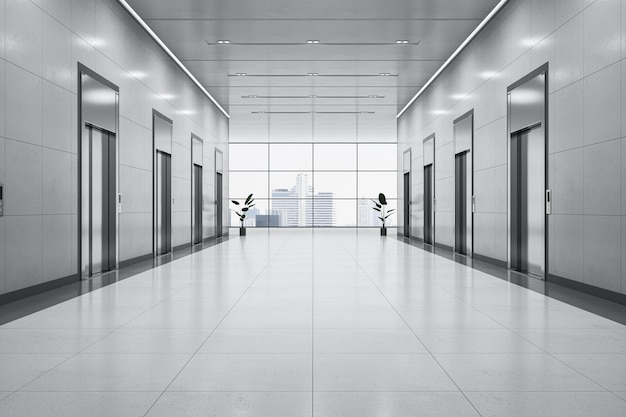Widok z przodu na pusty przestronny korytarz centrum biznesowego z miejscem do prezentacji produktu na jasnej błyszczącej podłodze między windami na tle widoku miasta z dużego okna Makieta renderowania 3D