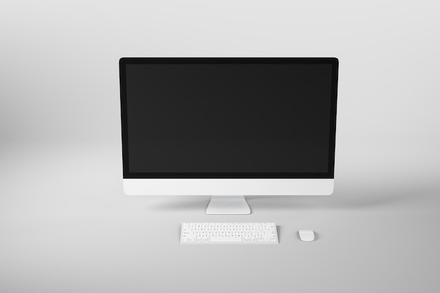 Widok z przodu na pustym czarnym nowoczesnym monitorze białego komputera na abstrakcyjnym świetle 3D Rendering