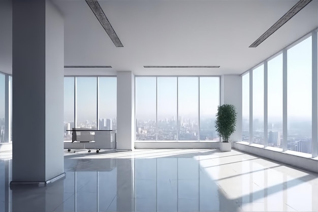 Widok z przodu nowoczesne puste biuro z panoramicznym widokiem na panoramę jasne światło dzienne Generative AI AIG18