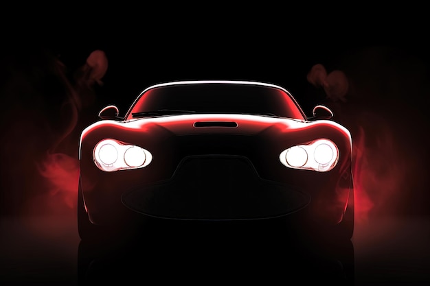Widok z przodu nowoczesnego luksusowego czerwonego samochodu odizolowanego na ciemnym tle z czerwonym neonowym światłem i dymem