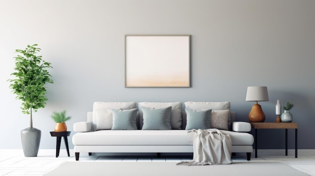 Widok z przodu nowoczesnego luksusowego salonu jasnoniebieskiej ściany z szablonem plakatów wygodna kanapa z poduszkami stół kawowy zielona roślina w podłodowym garnku dekoracja domowa Mockup rendering 3D