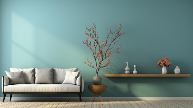 Widok z przodu nowoczesnego, minimalistycznego salonu w stylu japońskim Cian pusta ściana wygodna kanapa z poduszkami stolik kawowy konsola roślina w wazonie wystrój domu makieta renderowania 3D
