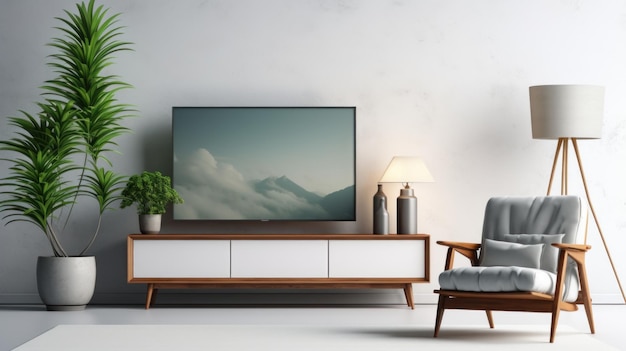 Widok z przodu nowoczesnego, minimalistycznego salonu w stylu skandynawskim Biała ściana, płaski telewizor na stoliku pod telewizorem, wygodny fotel, zielony plan w podłodze, doniczka, lampa podłogowa Wystrój domu, makieta, renderowanie 3D